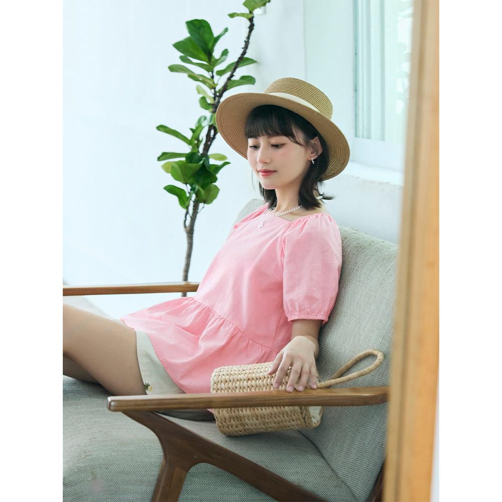 純棉小方領鬆緊公主澎袖前短後長上衣
