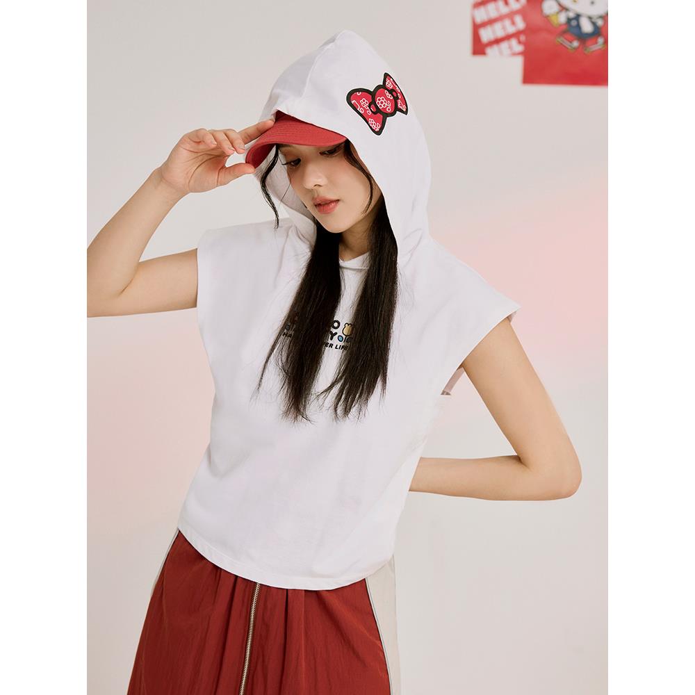 KITTY 花FUN．蝴蝶結印花連帽短TEE