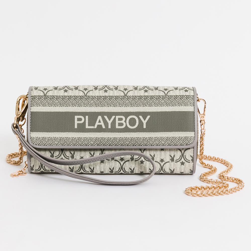 PLAYBOY-Miss bunny系列 翻蓋長夾附長鍊帶與手挽帶-灰色(531-0312-05-3)