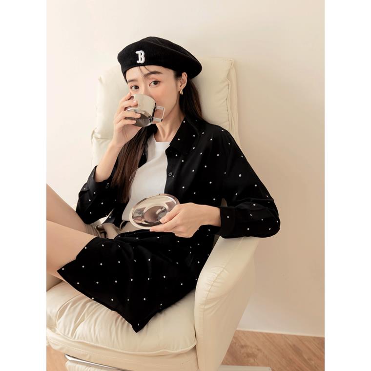 排釦長版點點襯衫/罩衫/洋裝