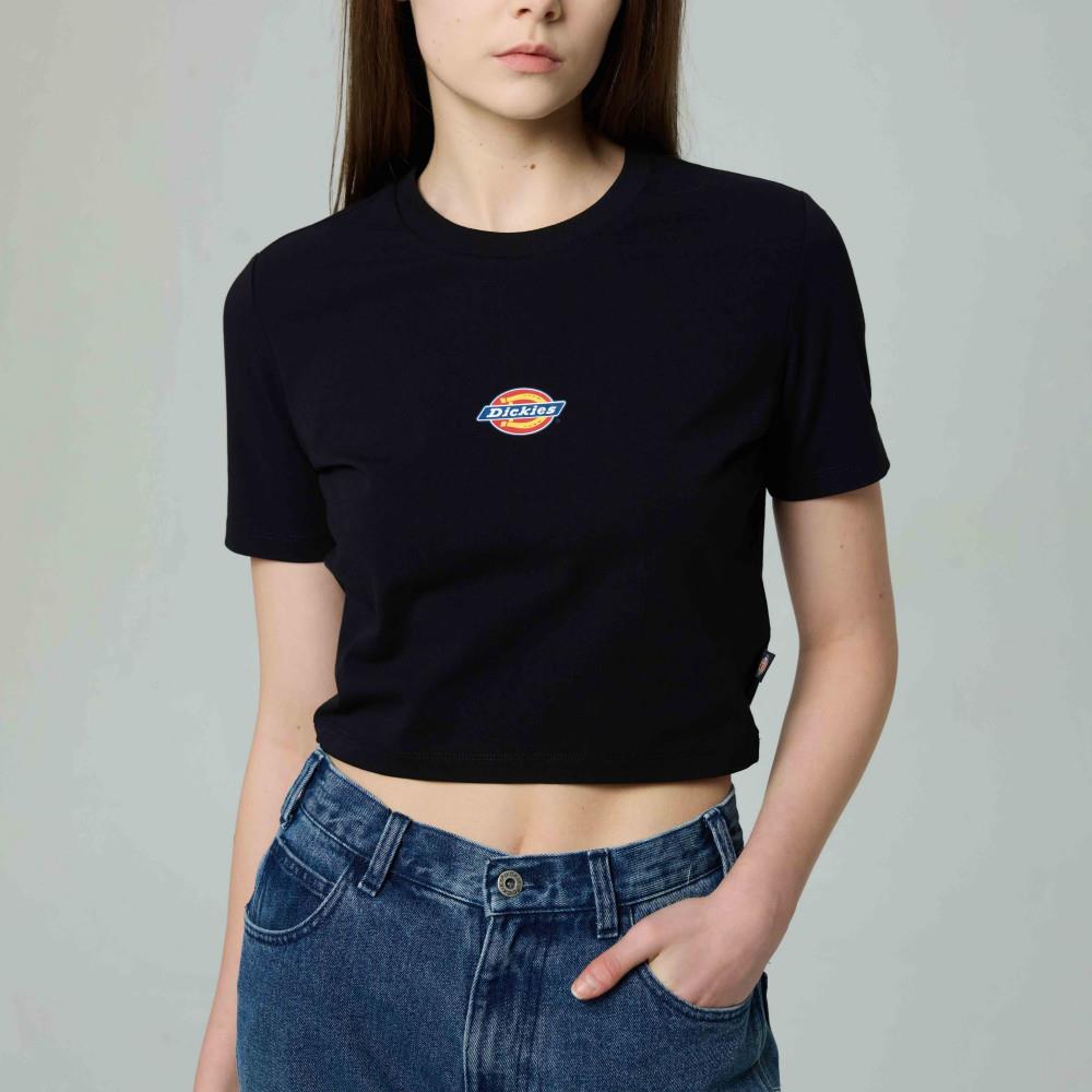 Dickies女款黑色重磅短版胸前經典Logo印花短袖T恤|DK012314BLK
