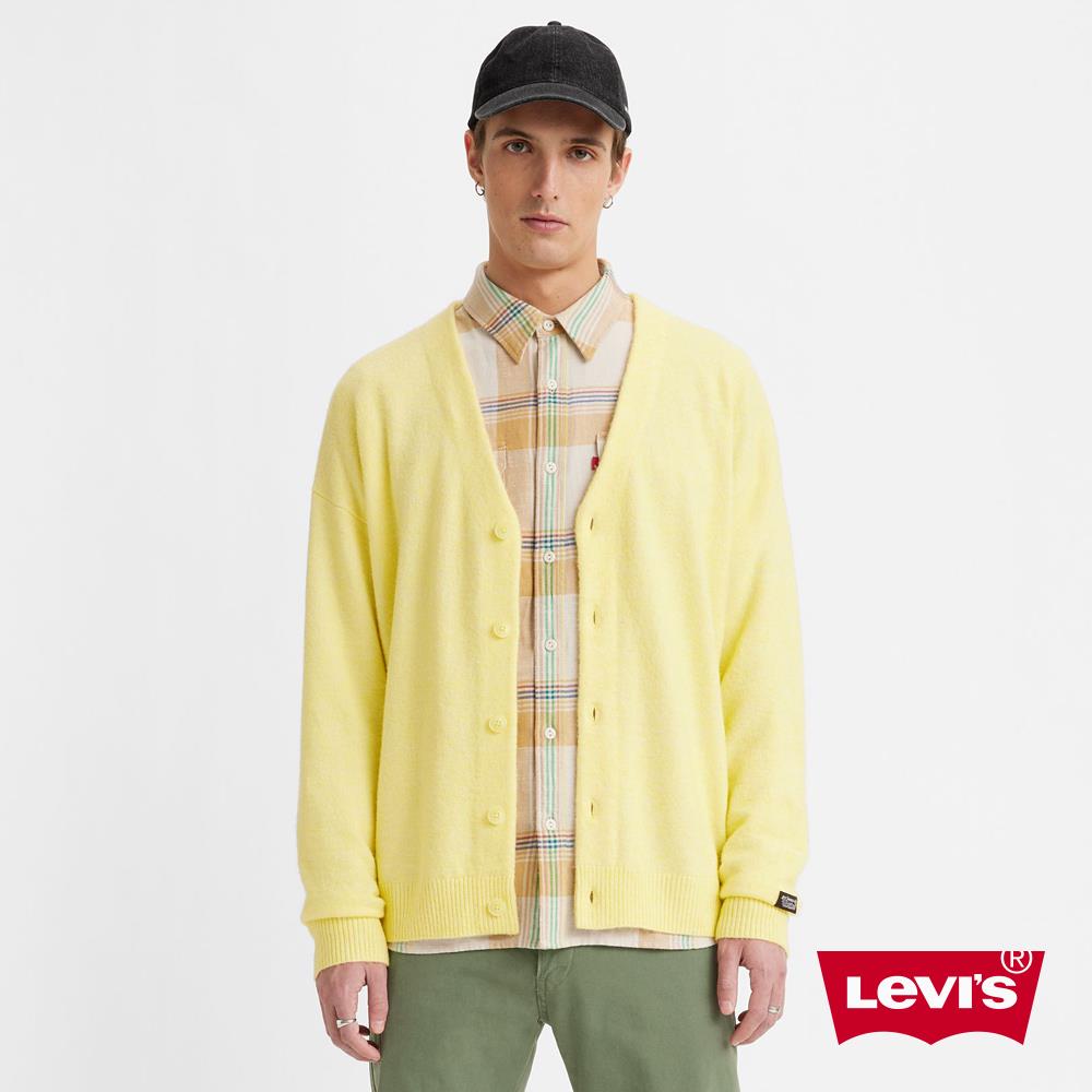 Levis 男款 寬鬆落肩版針織開襟衫 / 軟黃金羊駝 X 羊毛添加 / 彈性布料 鵝黃 熱賣單品