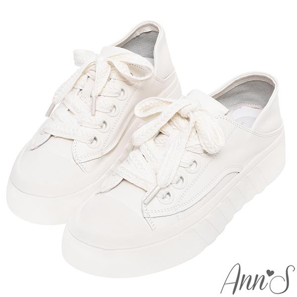 👣買就送半掌襪👣Ann’S休閒young女生-編織鞋帶可兩穿軟牛皮真皮厚底休閒鞋4cm-米白