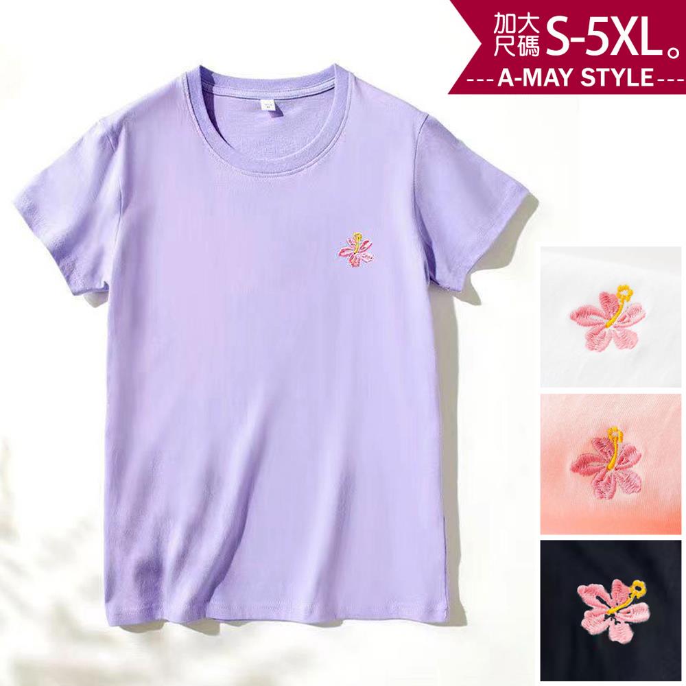 加大碼上衣-純棉櫻花刺繡短袖T恤(S-5XL)【XC180526】＊艾美時尚(現+預)