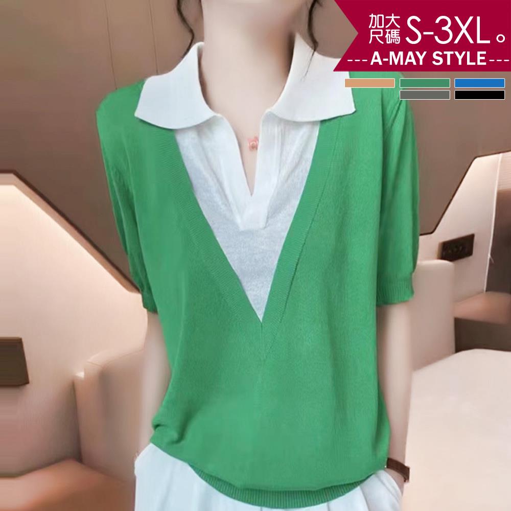 加大碼上衣-假兩件拼色雙V翻領針織衫(S-3XL)【XC042130】＊艾美時尚(現 預)
