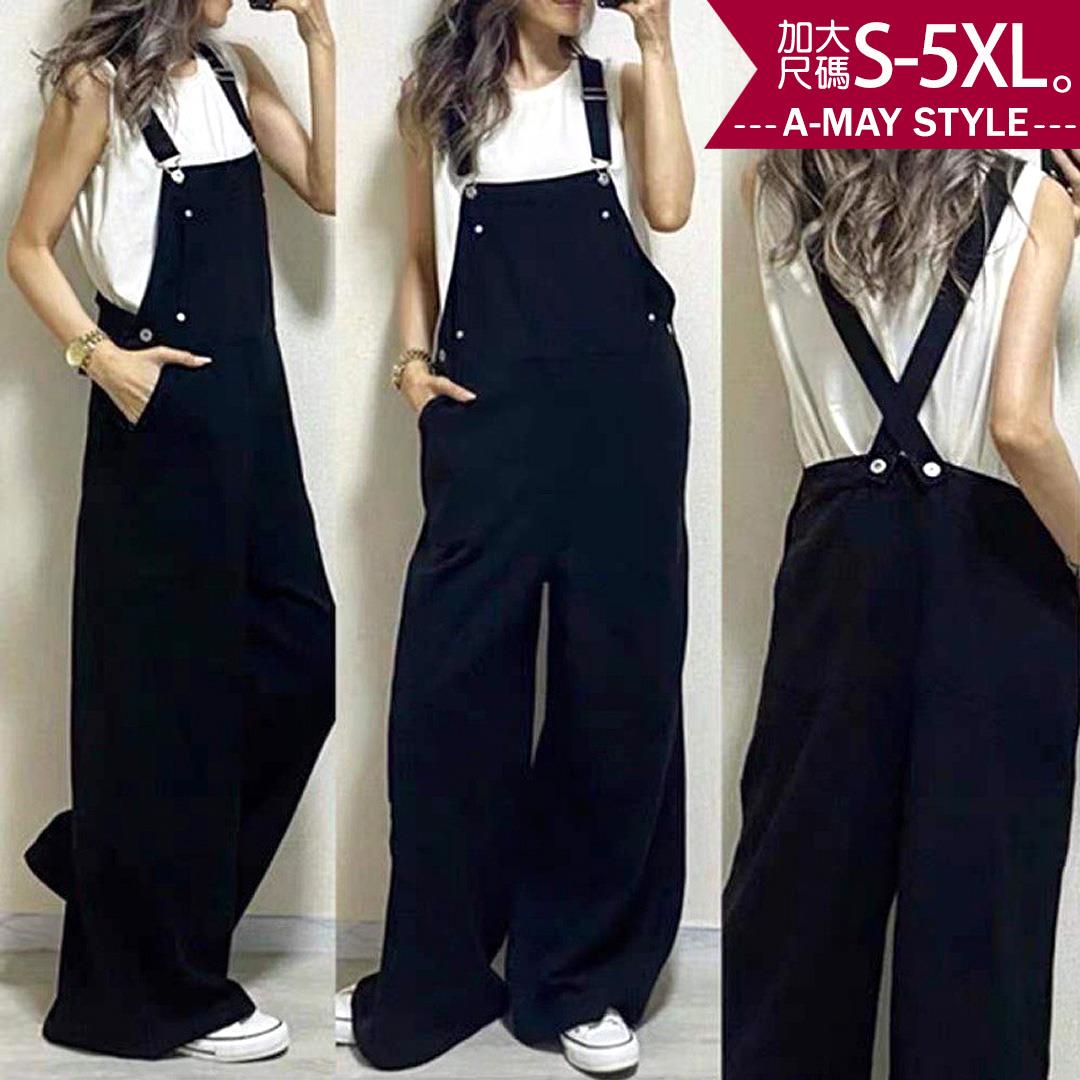 加大碼連身褲-個性風寬筒牛仔吊帶褲(S-5XL)【XML23SP56】＊艾美時尚(現 預)