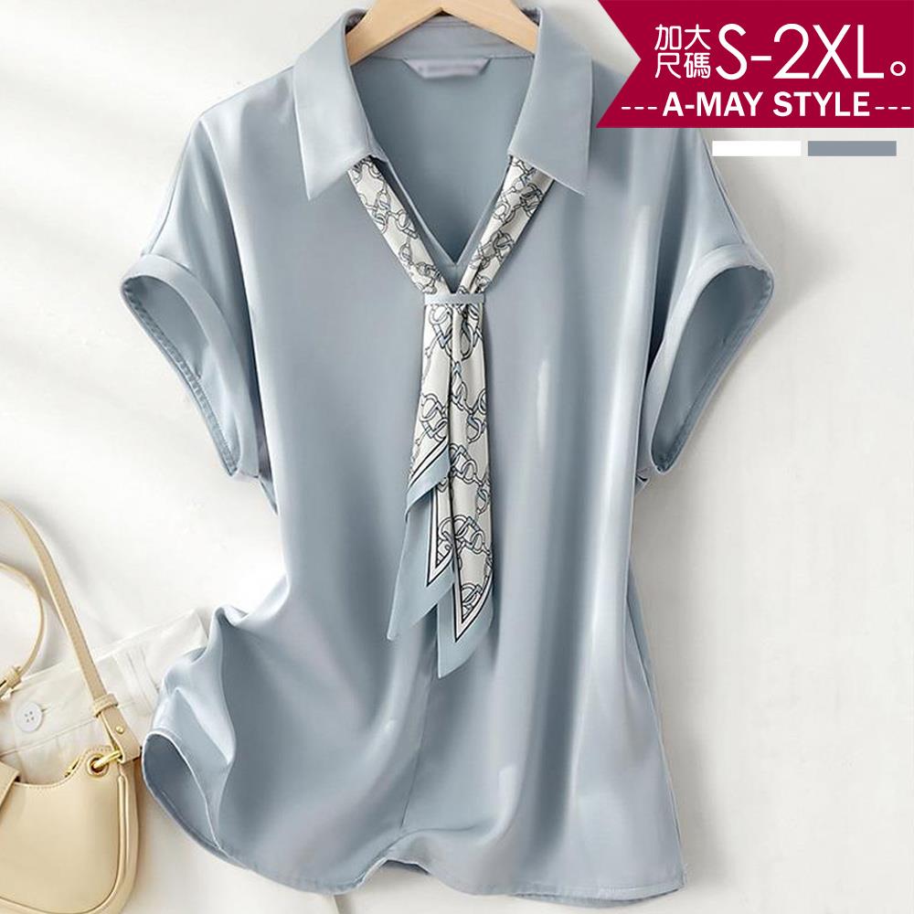 加大碼上衣-優雅絲巾V領POLO上衣(S-2XL)【XAM063930】＊艾美時尚(現 預)