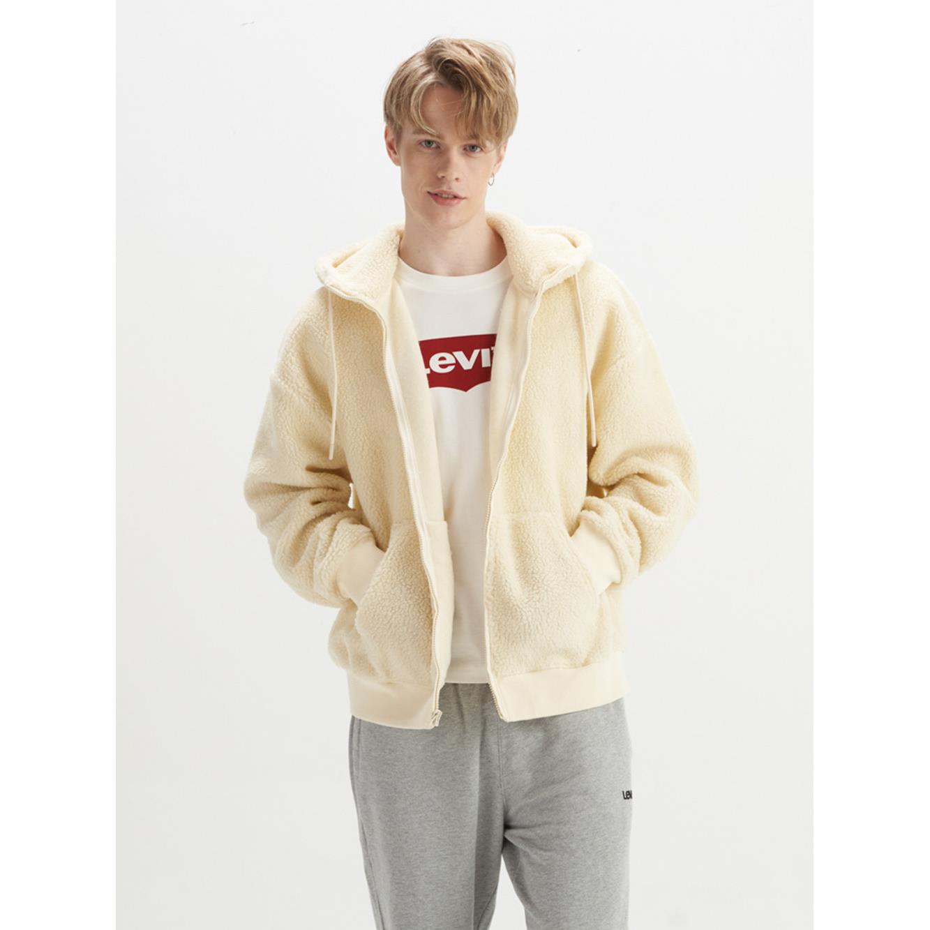 Levis 男款 寬鬆版連帽外套 / 大口袋設計 /  暖身鋪毛 / 牛奶白 熱賣單品