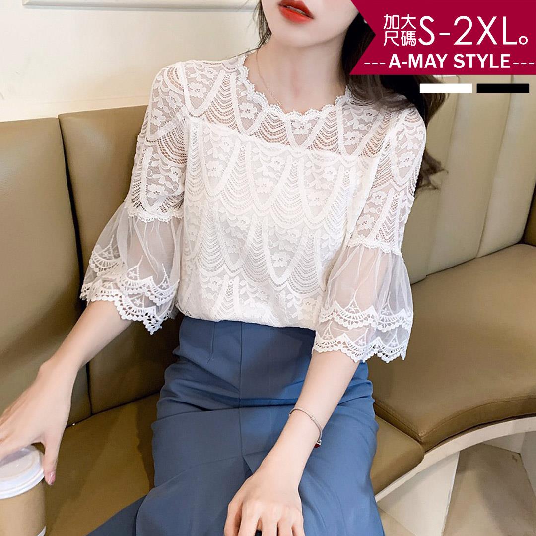 加大碼上衣-優雅蕾絲鉤花五分袖雪紡衫(S-2XL)【XGC962443】＊艾美時尚(現 預)