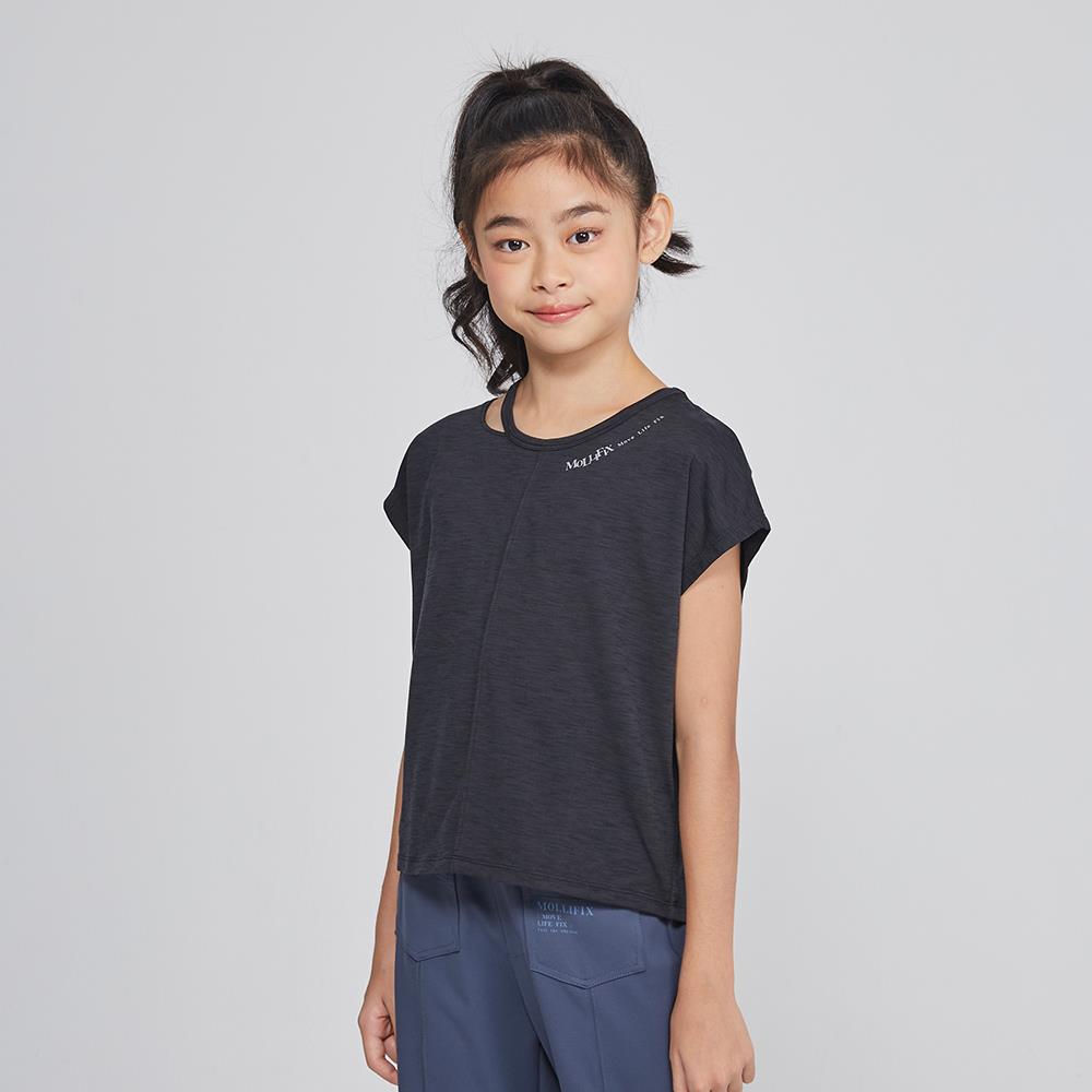 【KIDS】MOLLIFIX 瑪莉菲絲 鏤空造型小包袖運動上衣 (麻花黑)