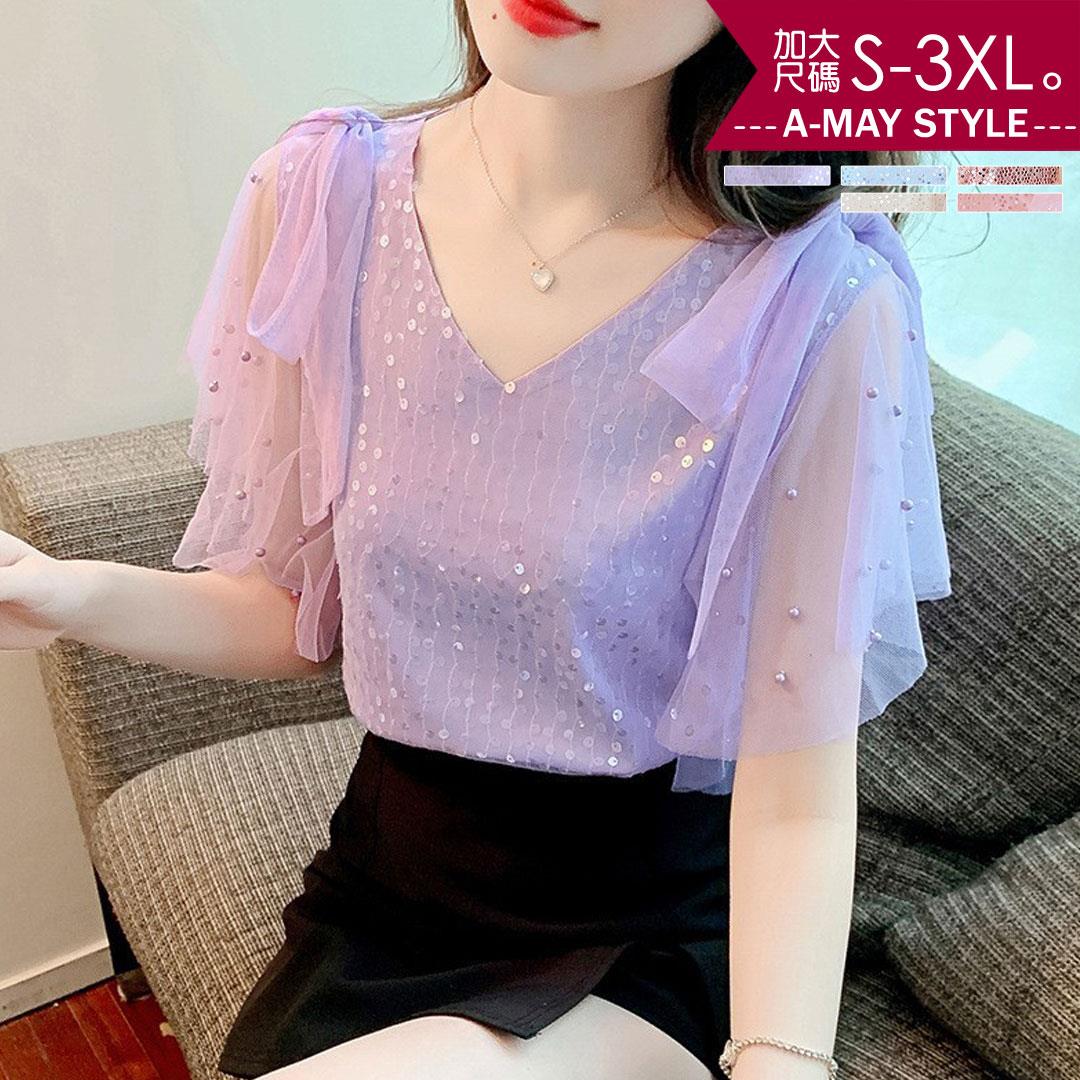 加大碼上衣-氣質蕾絲亮片層次雪紡上衣(S-3XL)【XCM166836】＊艾美時尚(現 預)