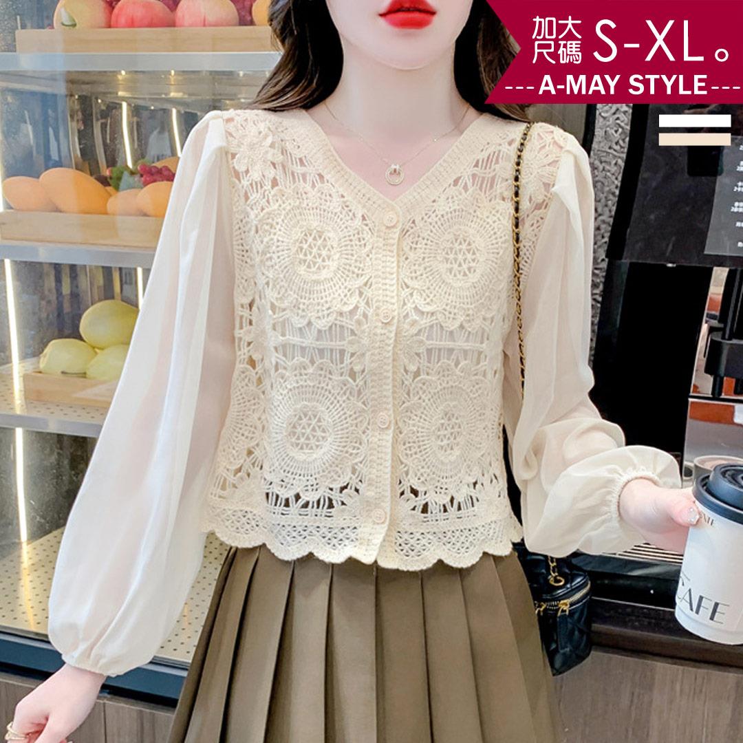 加大碼上衣-復古針織勾花拼接雪紡衫(S-XL)【XCM686935】＊艾美時尚(現+預)