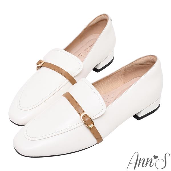 🍎任一雙現折$618🍎Ann’S典雅之禮-小羊皮真皮撞色細帶平底樂福鞋-米白