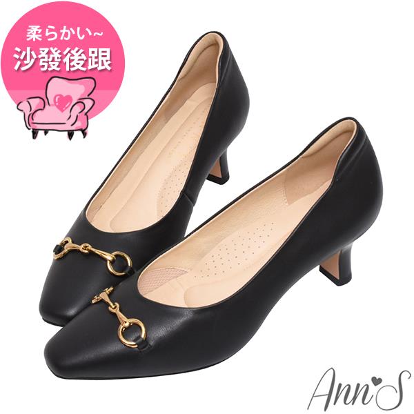 🍎任一雙現折$618🍎Ann’S藏不住的氣質-馬鞍扣頂級軟牛皮小方頭低跟包鞋5cm-黑