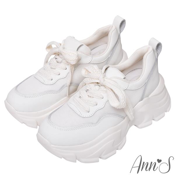 🍀兩雙現折$699🍀Ann’S-麻花鞋帶顯瘦剪裁全真皮牛皮輕量老爹鞋6cm-白