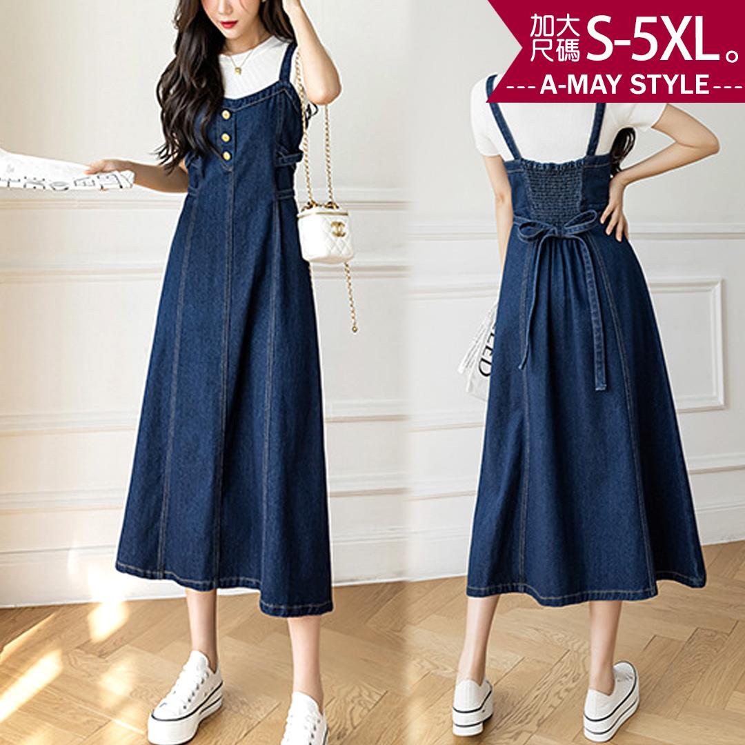 加大碼 洋裝-甜美休閒連身牛仔吊帶裙(S-5XL)【XML22S51-1】＊艾美時尚(現 預)