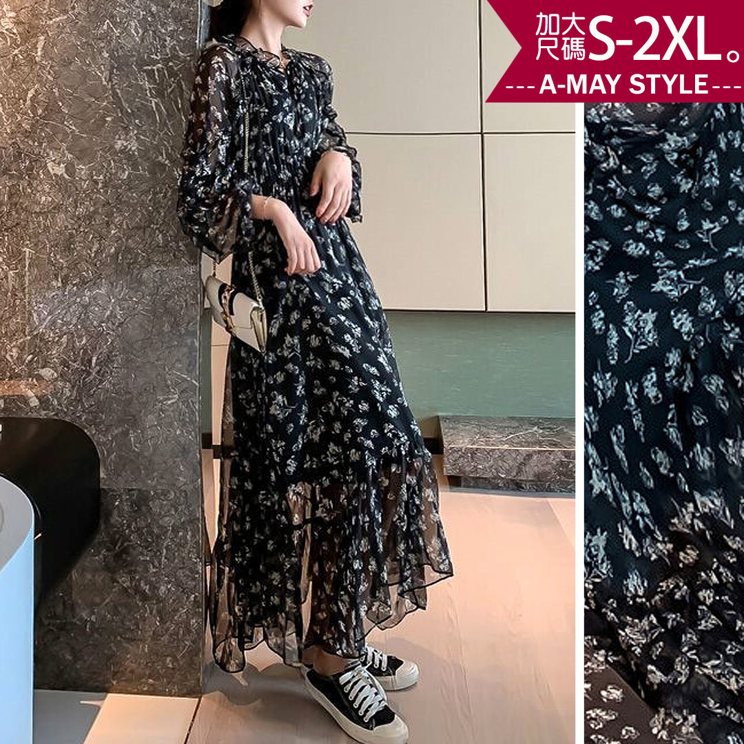 加大碼洋裝 歐美風碎花雪紡長洋裝(S-2XL)【XFU55956】＊艾美時尚(現 預)