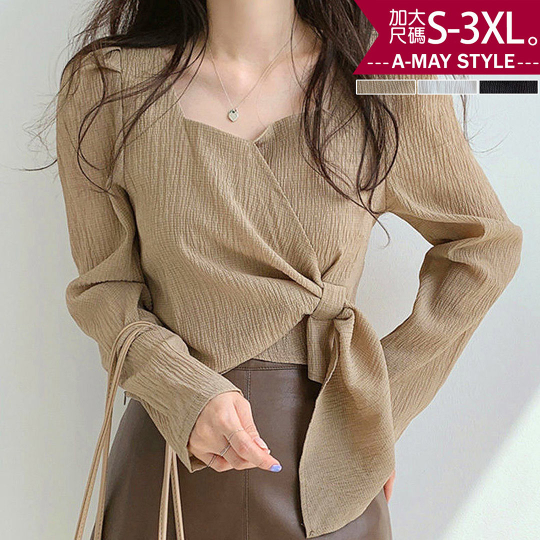 加大碼 設計感繫帶顯瘦長袖女上衣(S-3XL)【XSU395725】＊艾美時尚(現 預)
