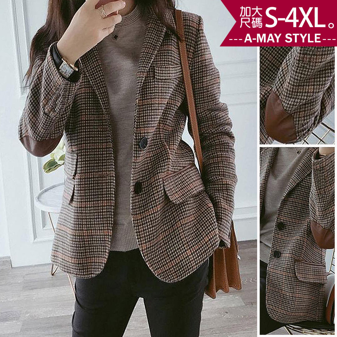 現貨 加大碼 夾克 毛呢外套 率性格紋毛呢西裝外套(S-4XL)【XFU22A65-1】*艾美時尚