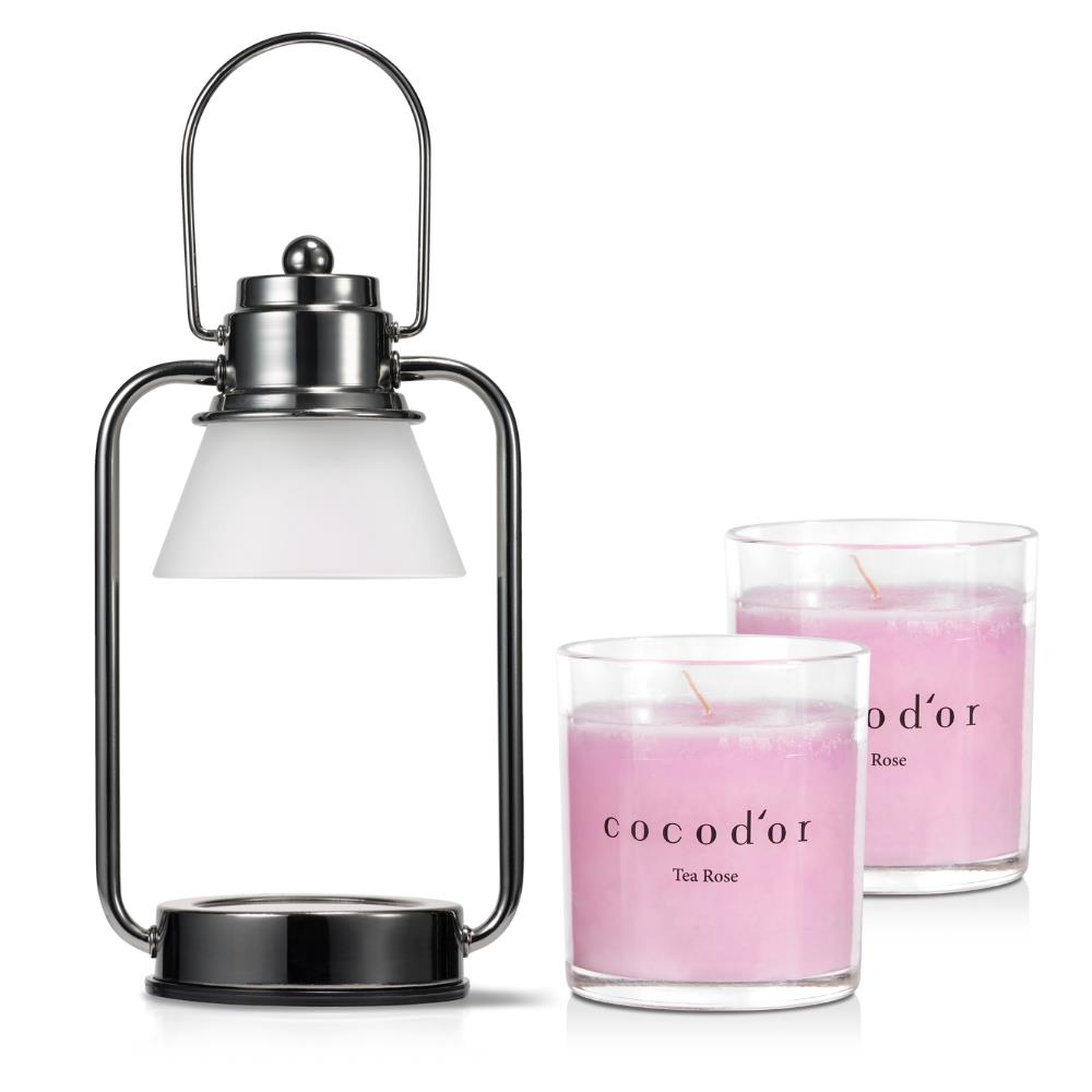 【cocodor】小型融燭燈(黑)+香氛蠟燭2入(玫瑰花茶)