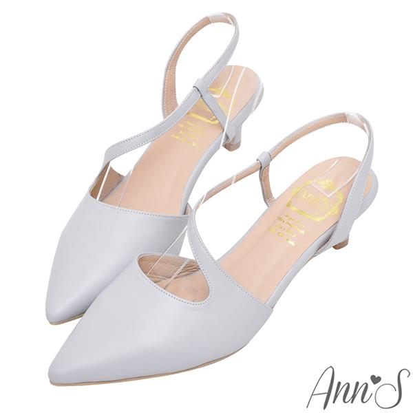 Ann’S高訂綿羊皮-性感腳背曲線後拉帶低跟尖頭鞋5cm-灰藍