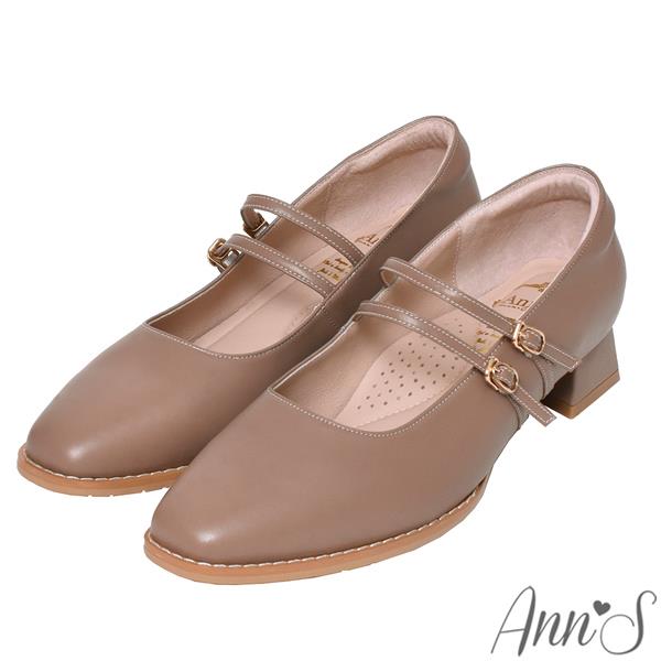 Ann’S高訂綿羊皮-雙層細帶 粗低跟瑪莉珍鞋3cm-卡其