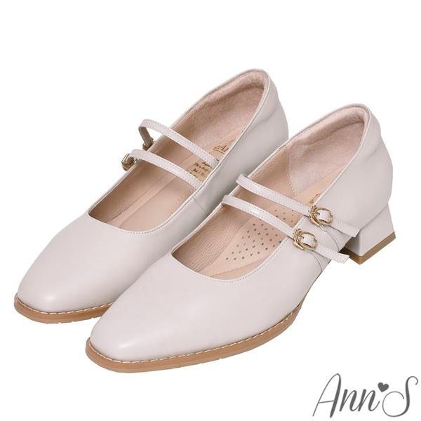 Ann’S高訂綿羊皮-雙層細帶 粗低跟瑪莉珍鞋3cm-米白