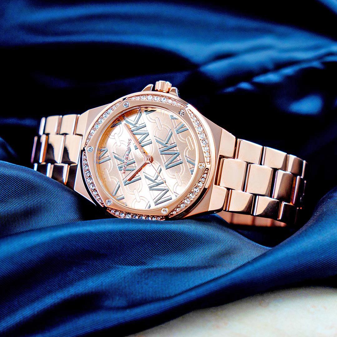 【活動價! 限時78折!】MK Michael Kors Lennox 氣質典雅滿版LOGO不鏽鋼腕錶/玫瑰金 MK7405 公司貨保固 熱賣中!