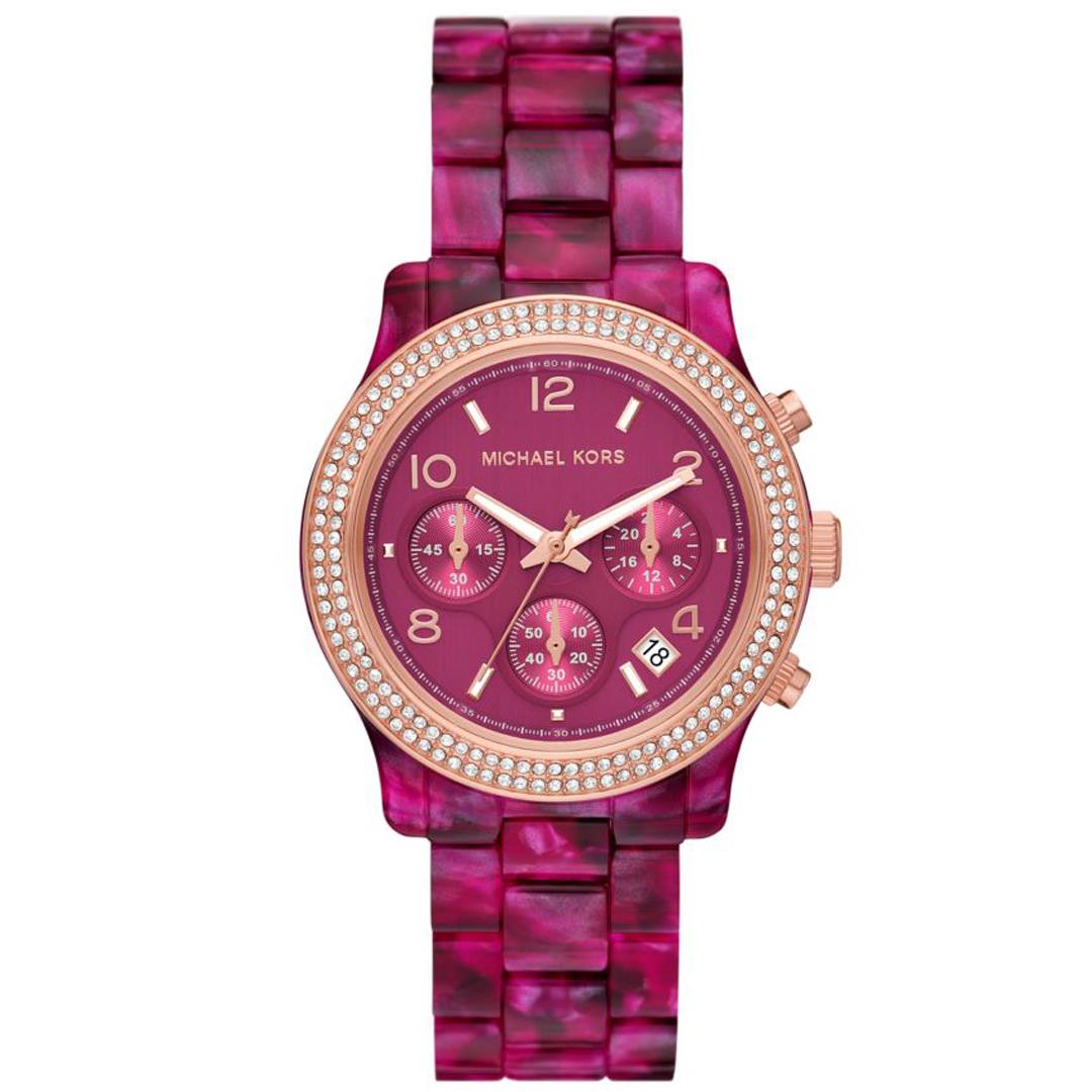 【活動價! 限時78折!】MK Michael Kors Runway 艷紅璀璨三眼計樹脂不鏽鋼腕錶/桃紅x玫瑰金框 MK7425 公司貨保固 熱賣中!