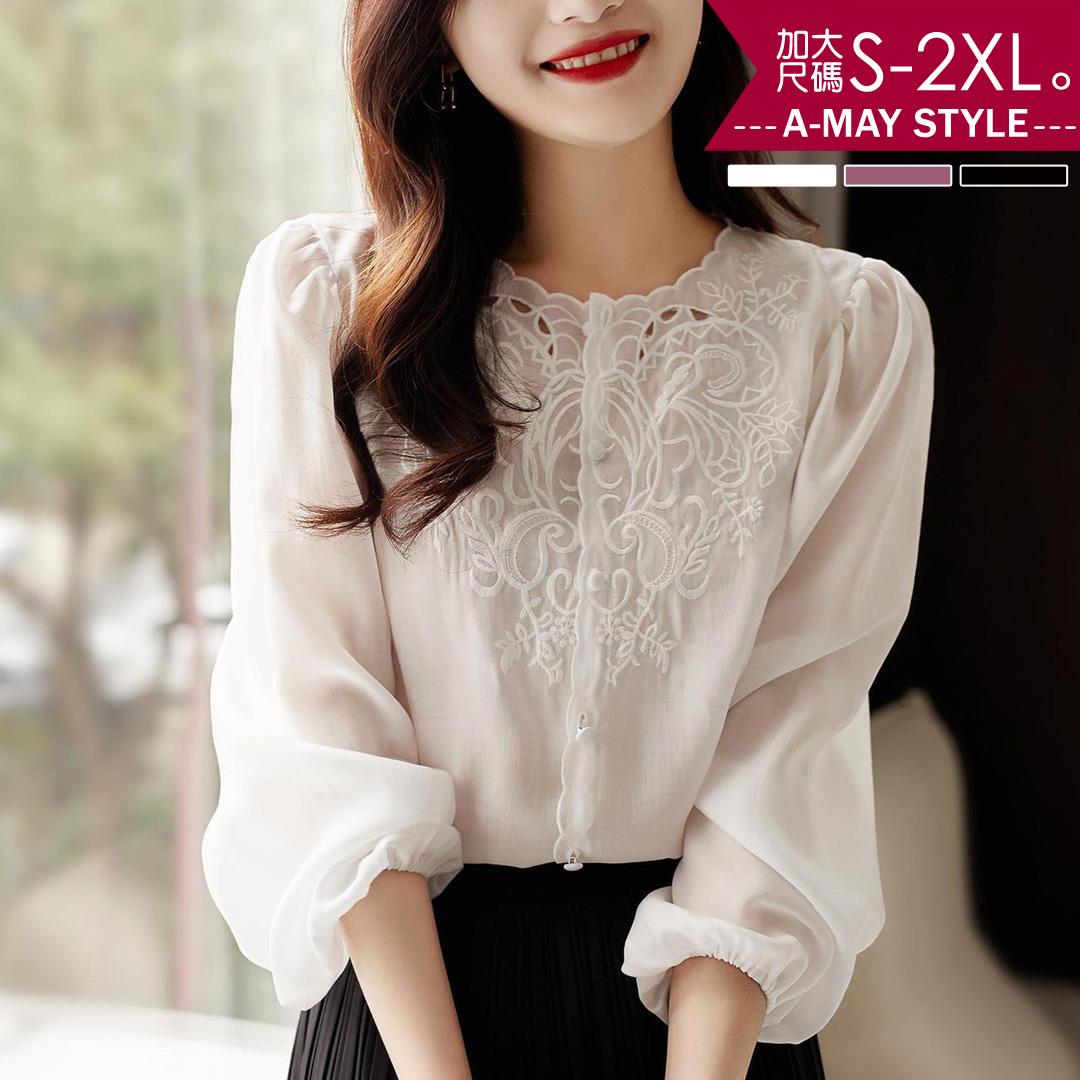 加大碼上衣-優雅圓領蕾絲澎袖襯衫(S-2XL)【XAM125542】＊艾美時尚(現 預)