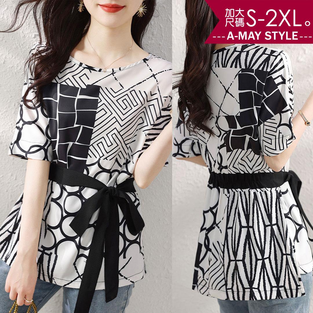 加大碼上衣-幾何圖騰拼接設計感上衣(S-2XL)【XAM977438】＊艾美時尚(現 預)
