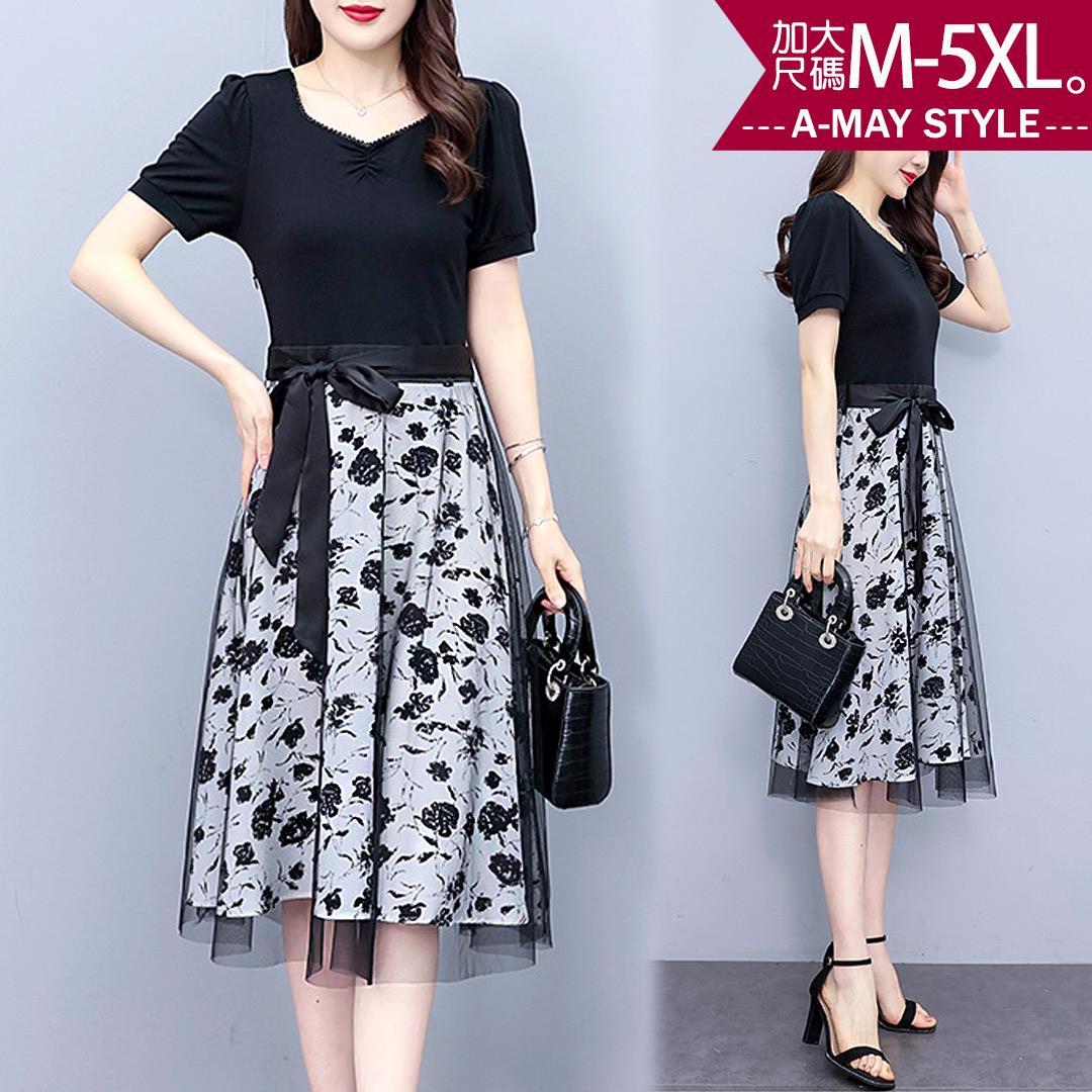 加大碼連身裙-假兩件式花卉顯瘦洋裝(M-5XL)【XFU24S60】＊艾美時尚(現 預)