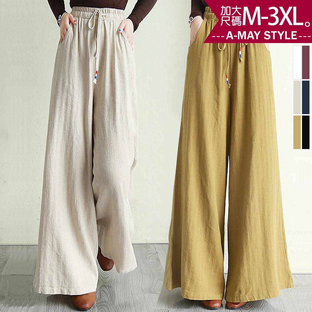 加大碼長褲-復古休閒抽繩棉麻寬褲(M-3XL)【XML22SP36】＊艾美時尚(現 預)