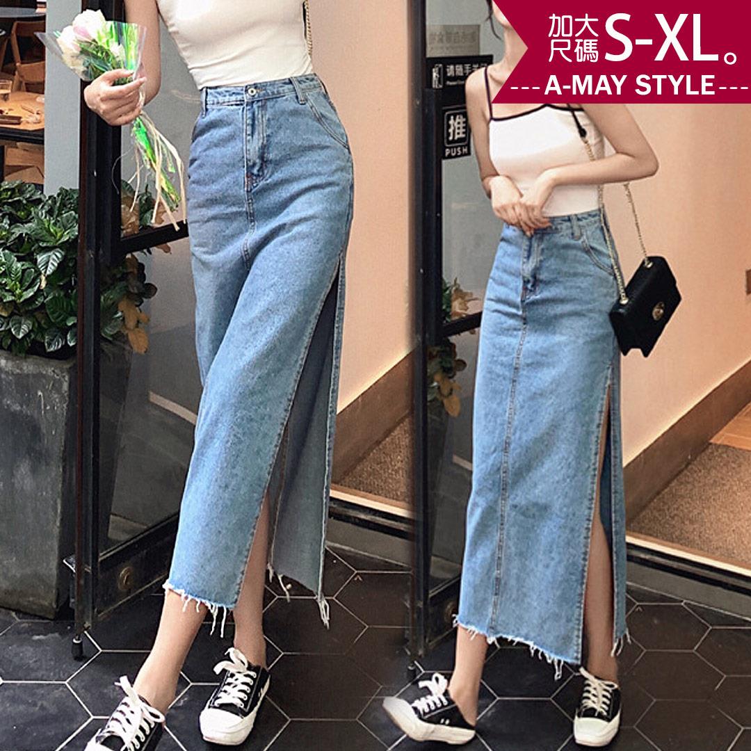 加大碼半身裙-中高腰側開衩丹寧牛仔裙(S-XL)【XML23SK44】＊艾美時尚(現 預)