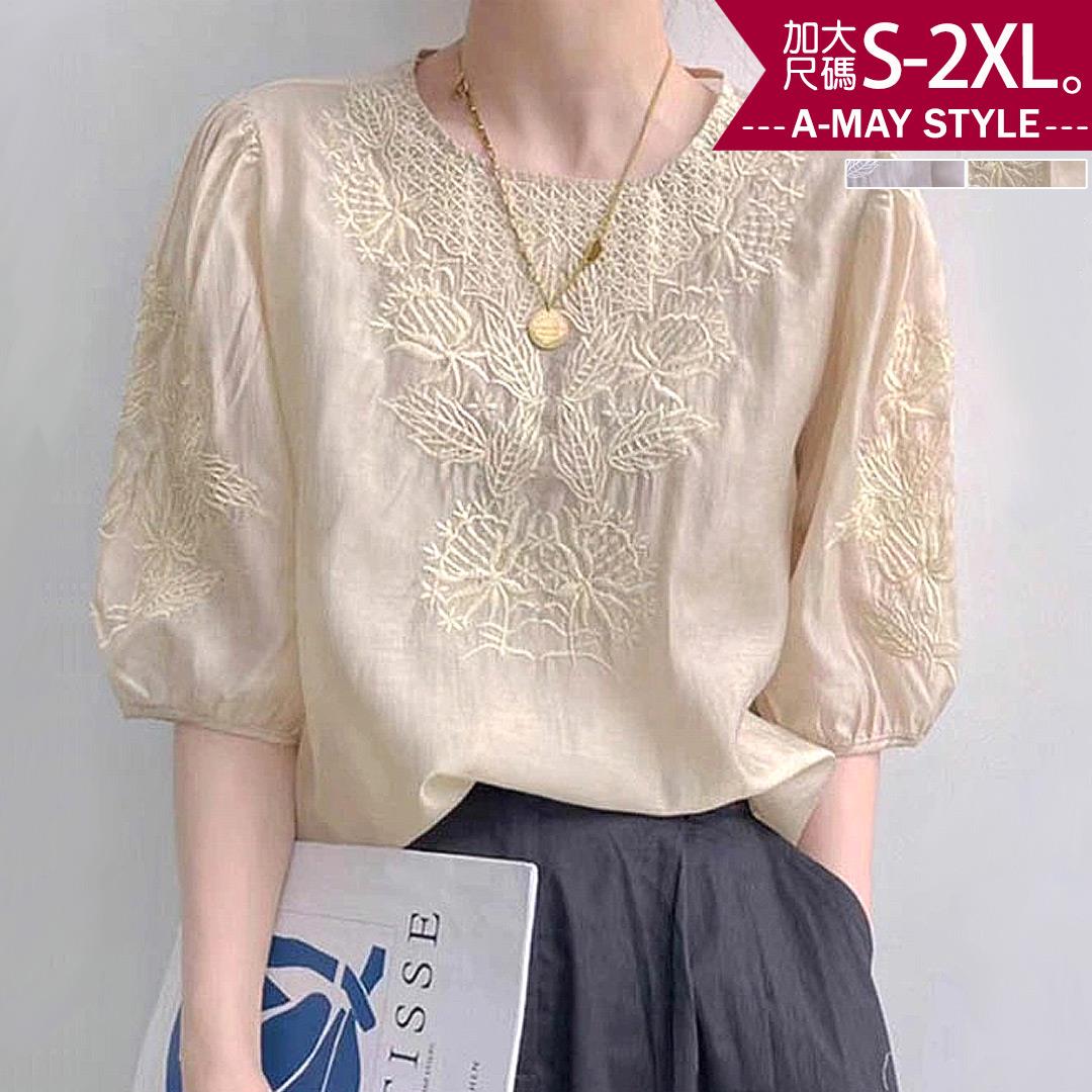 加大碼上衣-典雅蕾絲泡泡袖上衣(S-2XL)【XML23SS38】＊艾美時尚(現 預)