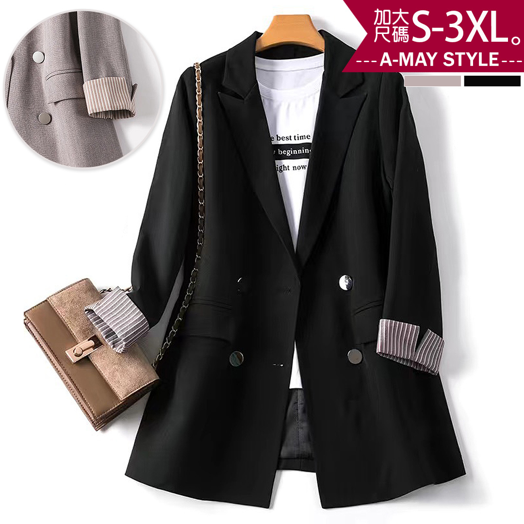 加大碼外套-質感條紋翻袖百搭西裝外套(S-3XL)【XC21S83】*艾美時尚(現 預)