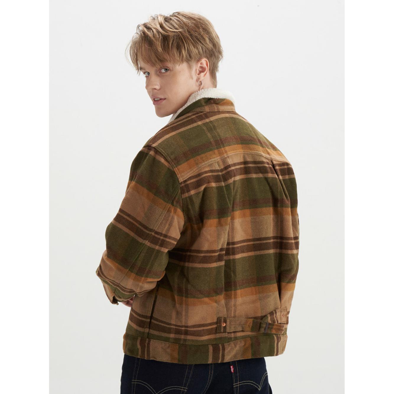 Levis 男款 經典羊毛翻領外套 / TYPE1 版型 / Sherpa翻領棉花絨 / 大地格紋配色 熱賣單品