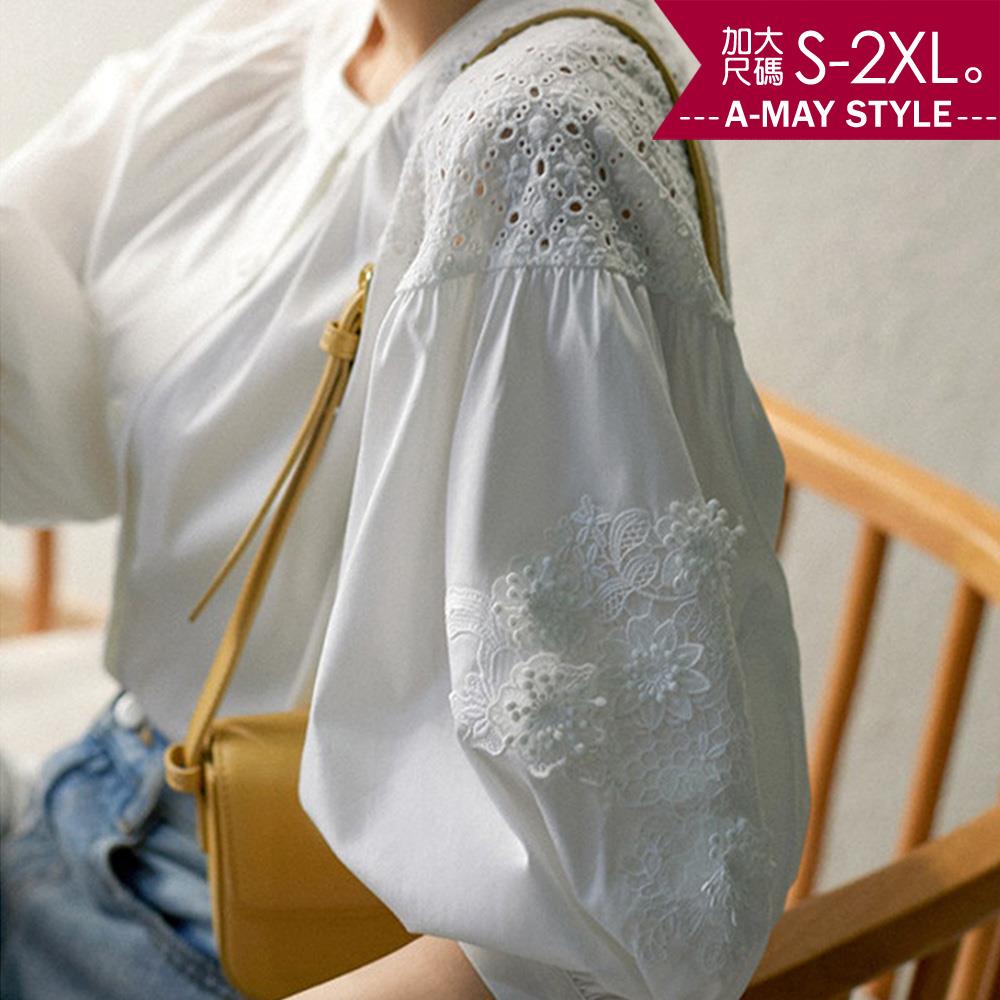 加大碼上衣-圓領鏤空繡花泡泡袖襯衫(S-2XL)【XAM304839】＊艾美時尚(現 預)