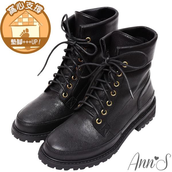 🍎任一雙現折$618🍎Ann’S波妮小羊皮真皮7孔綁帶反折平底短靴3.5cm-黑
