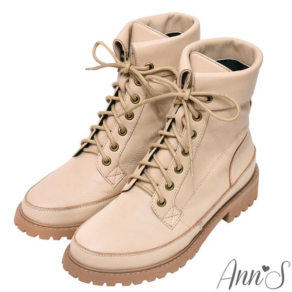 🍎任一雙現折$618🍎Ann’S波妮小羊皮真皮7孔綁帶反折平底短靴3.5cm-杏