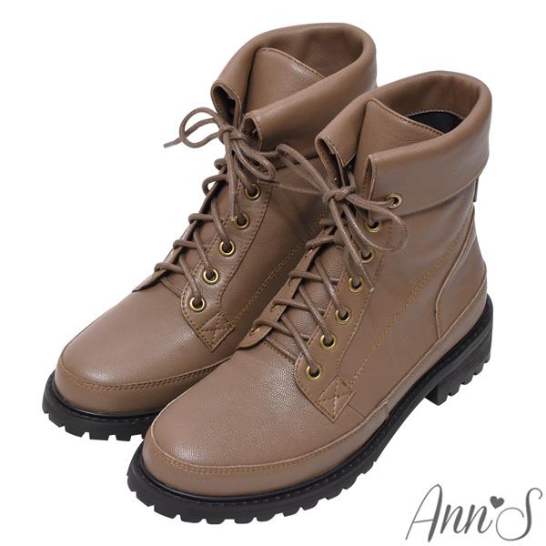 🍎任一雙現折$618🍎Ann’S波妮小羊皮真皮7孔綁帶反折平底短靴3.5cm-咖啡