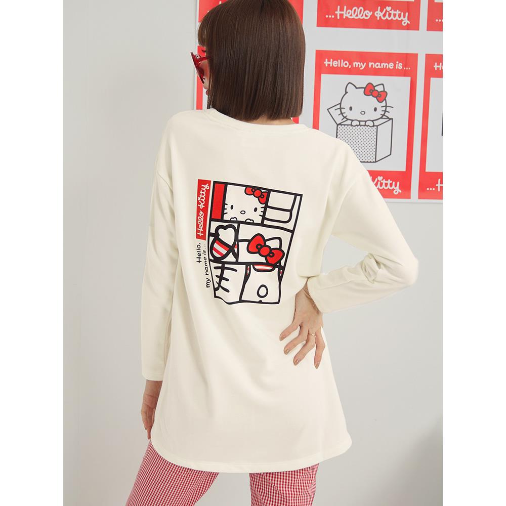 KITTY潮流經典.全彩印花斜開衩長版大學TEE