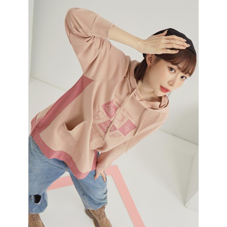 KITTY潮流經典.撞色拼接長版帽TEE