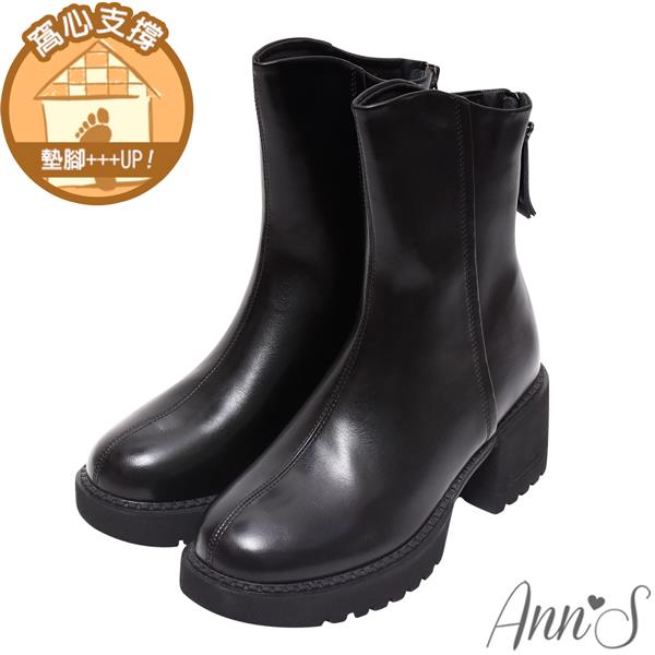 🎁買就送鞋撐🎁Ann’S激瘦鉛筆腿-真皮素面斜口厚底粗跟短靴6cm-黑