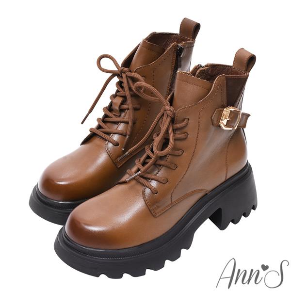🍎任一雙現折$618🍎Ann’S斜口曲線-擦色真皮牛皮6孔綁帶厚底短靴6cm-棕