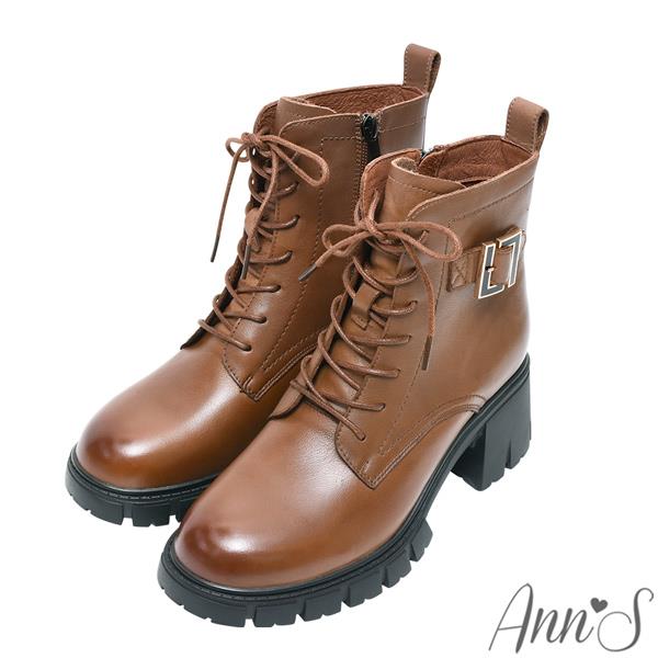 🍎任一雙現折$618🍎Ann’S LL訂製扣-綁帶7孔復古擦色真皮牛皮厚底短靴6cm-棕