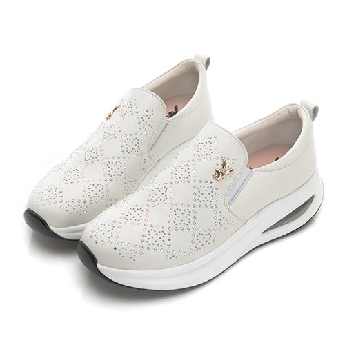 【零碼挖寶 第2雙再享75折】PLAYBOY 菱格水鑽 真皮增高休閒鞋-白(Y9653)