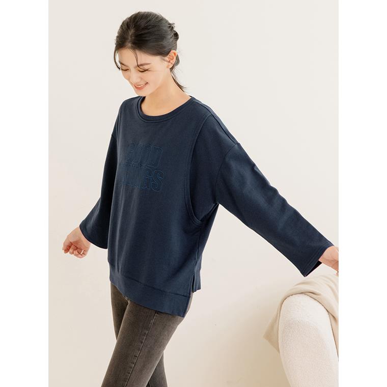 純棉字母刺繡不對稱下擺哺乳上衣