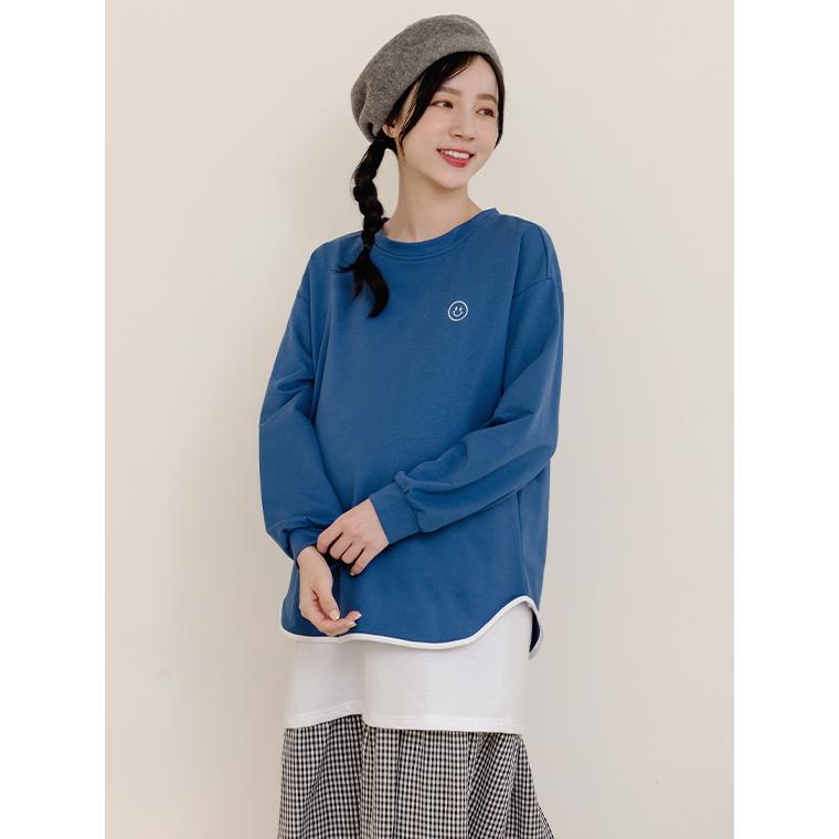 假兩件笑臉刺繡長版哺乳上衣