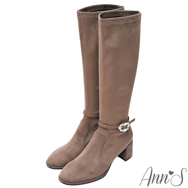 🍎任一雙現折$618🍎Ann’S真絲彈力絨~名媛氣質鑽扣2way粗跟及膝長靴5.5cm-杏